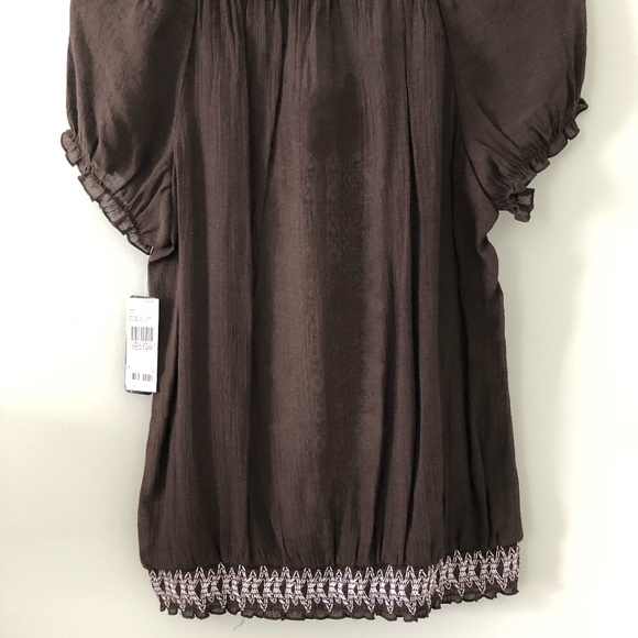 AGB Embroidered Short Sleeve Blouse In Brown & White Size M - Picture 5 of 9